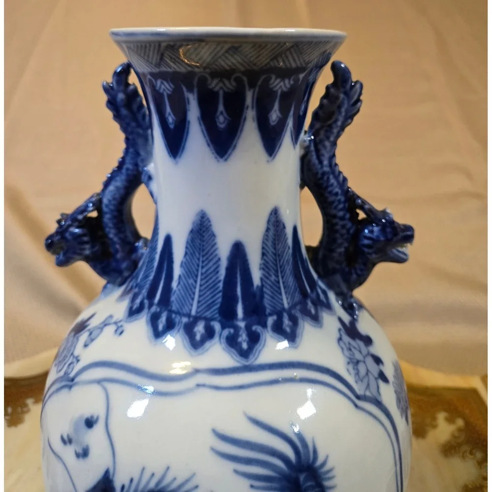 Vintage Chinese Blue White Porcelain Dragon Phoenix Vase Dragon Handles 10